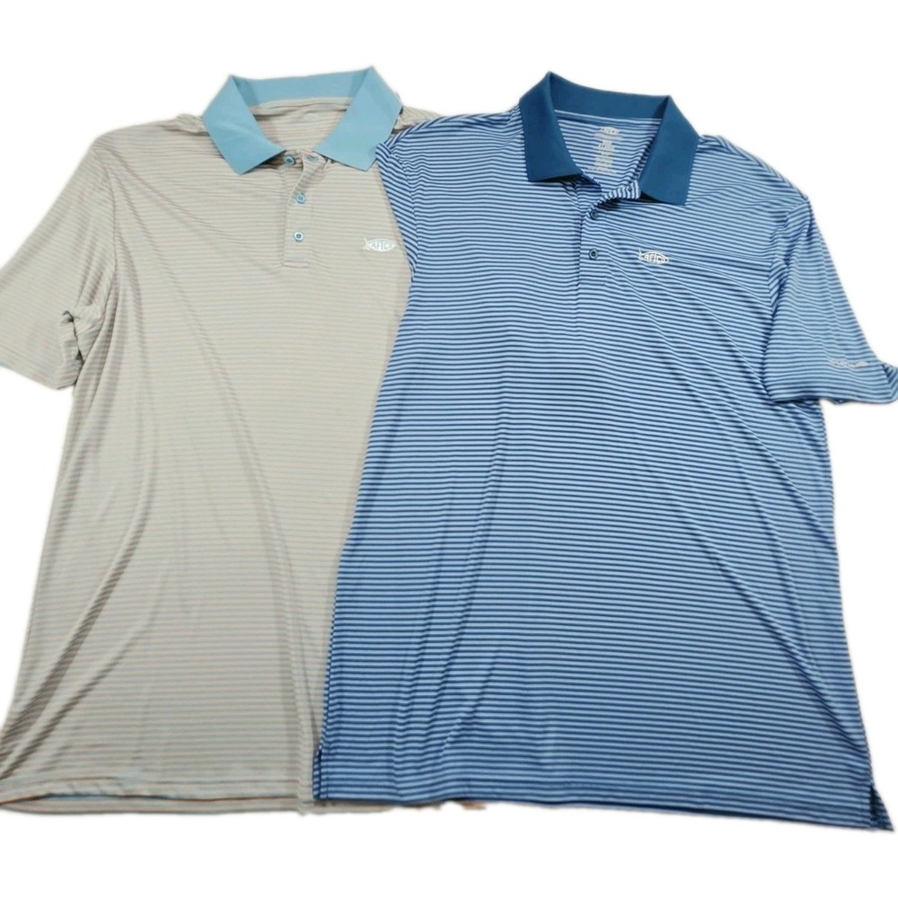 (2)AFTCO AFTECH Golf Performance Polo Shirts Men's XL Striped Fishing